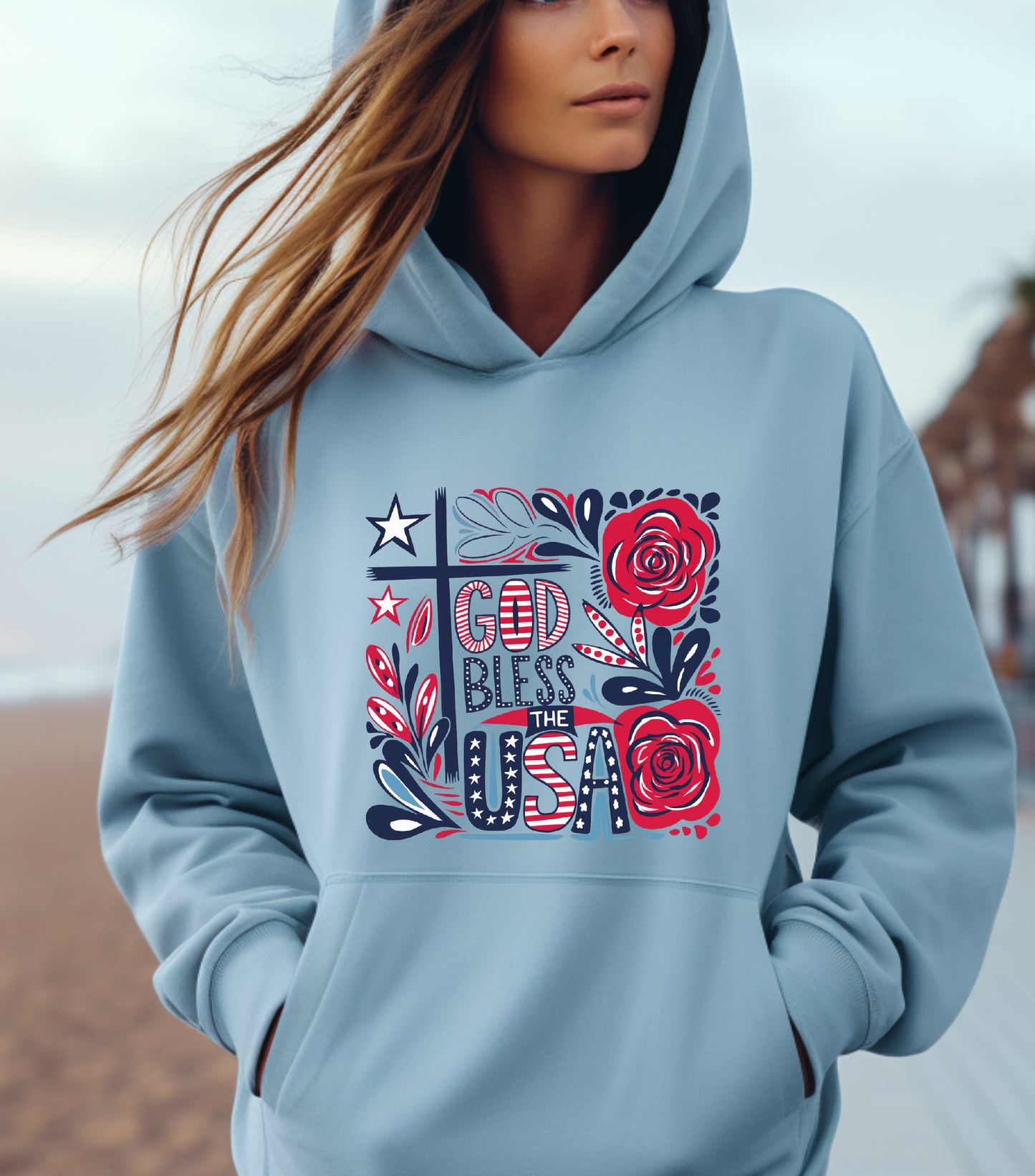 God Bless America Patriotic Hoodie, 4th Of July Hoodie, Independence Day Hoodie,  Flower 4th of july hoodie