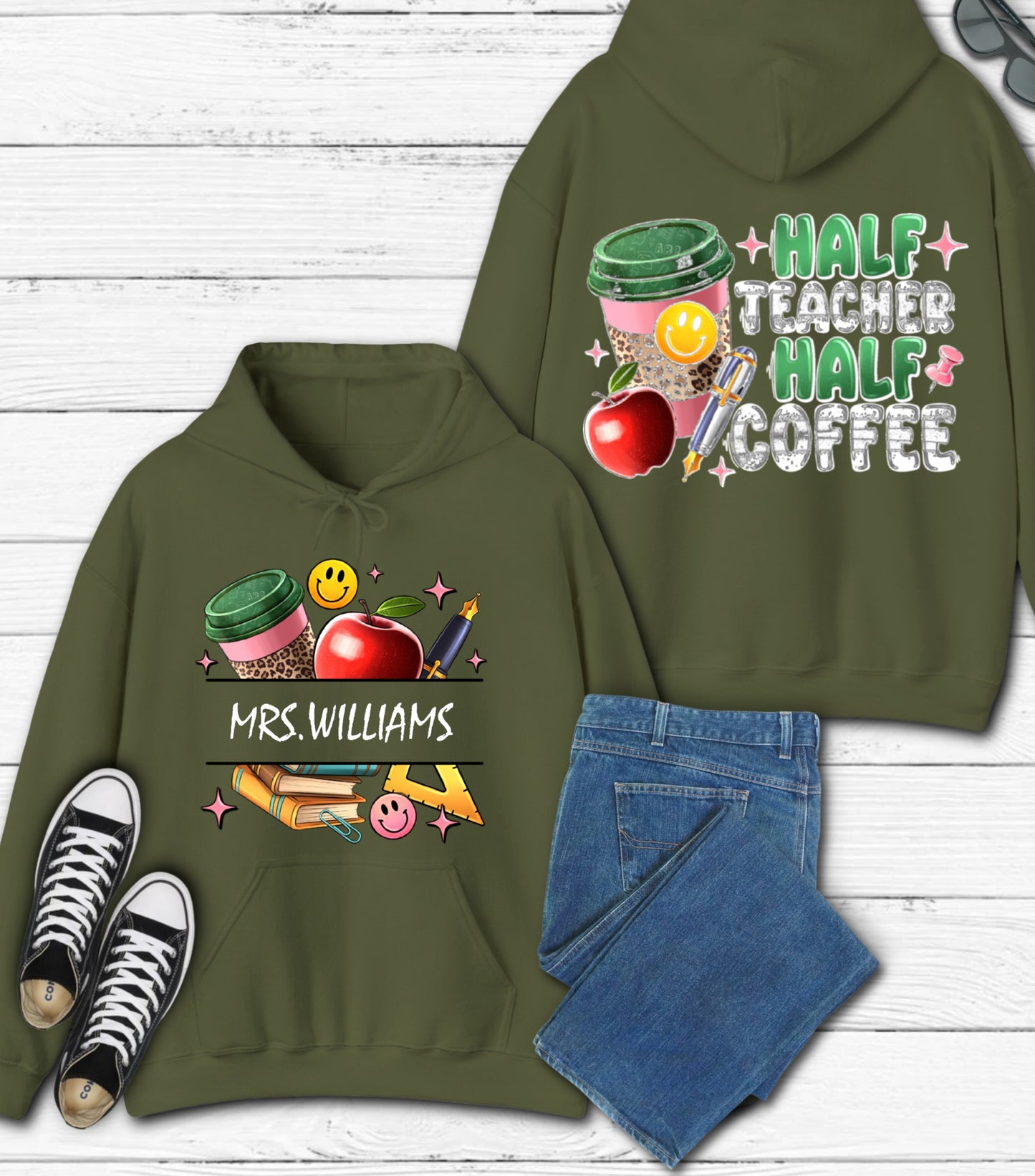 Half Teacher Half Coffee Hoodie, Custom Teacher Name Hoodie, Teacher Appreciation Gift Hoodie,  Teacher Coffee Custom Name Teacher Hoodie
