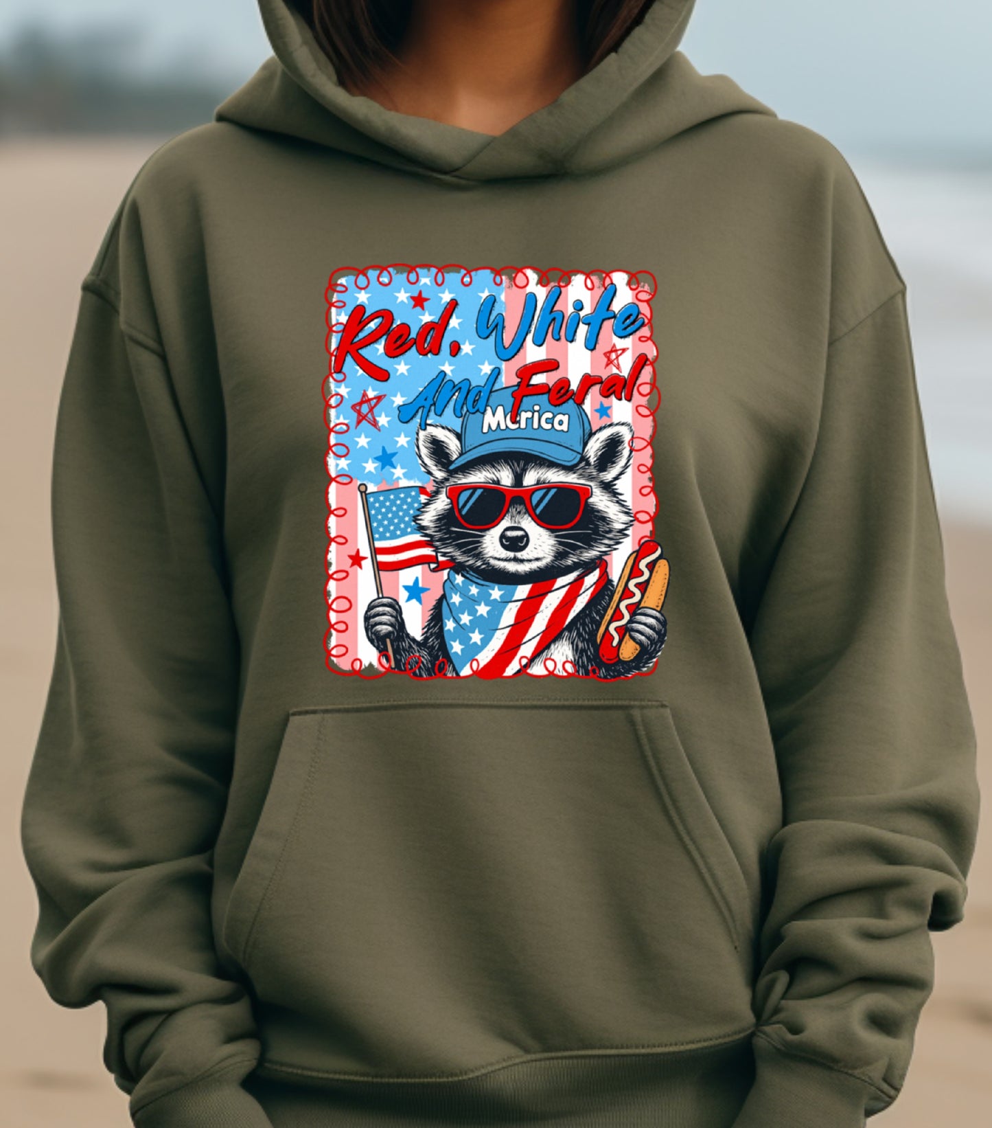 Red White And Feral Hoodie, Funny USA Hoodie, Funny Raccoon Hoodie,  Hotdog Raccoon Hoodie,  Merica Hoodie
