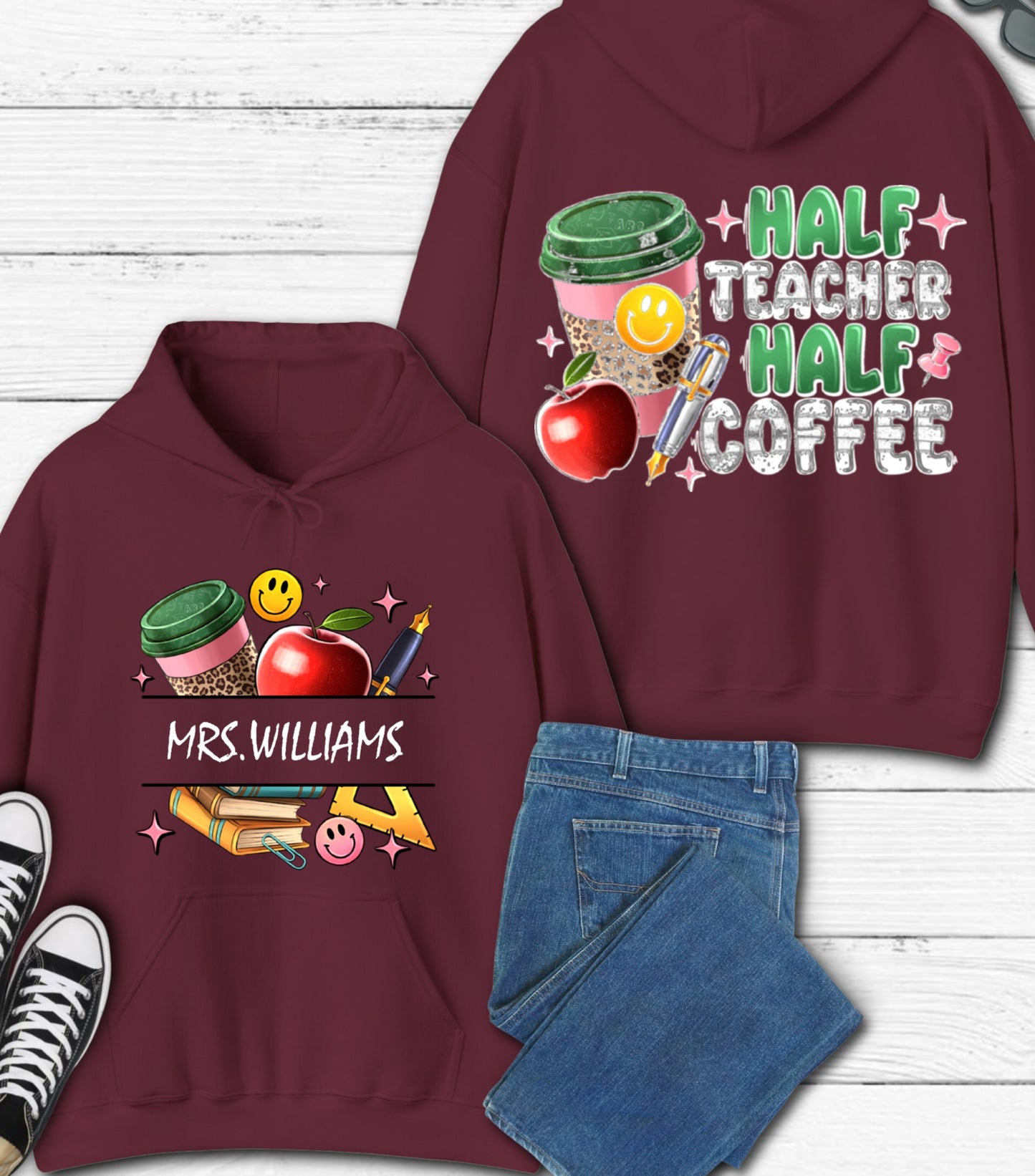 Half Teacher Half Coffee Hoodie, Custom Teacher Name Hoodie, Teacher Appreciation Gift Hoodie,  Teacher Coffee Custom Name Teacher Hoodie