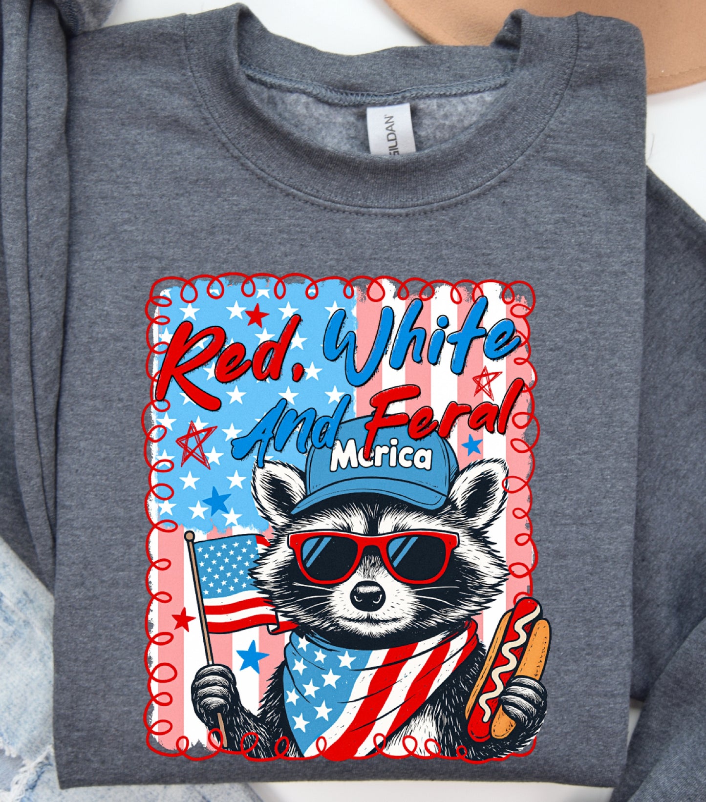 Red White And Feral Sweatshirt, Funny USA Sweatshirt, Funny Raccoon Sweatshirt,  Hotdog Raccoon sweatshirt,  Merica Sweatshirt