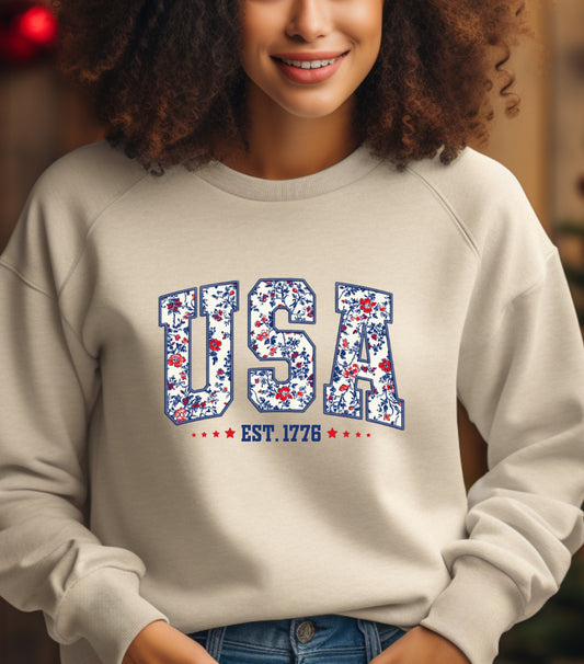 America Patriotic Sweatshirt, 4th Of July Sweatshirt, Independence Day Sweatshirt,  Flower 4th of july sweatshirt