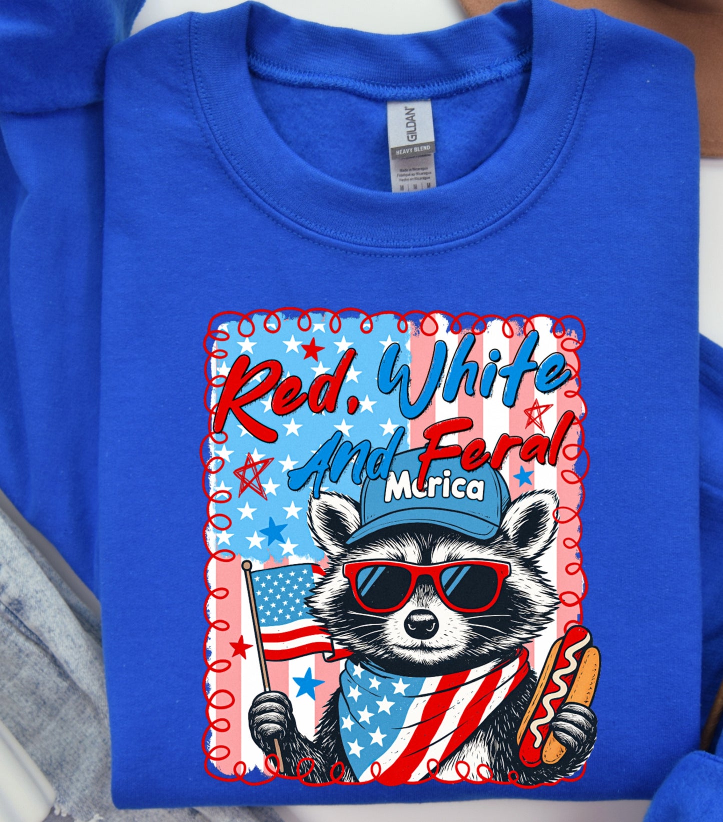 Red White And Feral Sweatshirt, Funny USA Sweatshirt, Funny Raccoon Sweatshirt,  Hotdog Raccoon sweatshirt,  Merica Sweatshirt