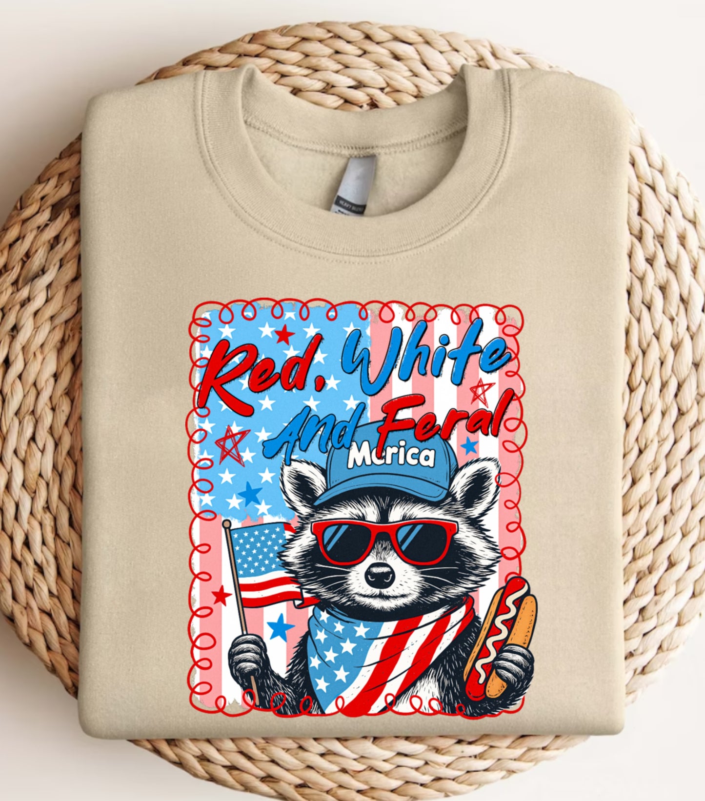 Red White And Feral Sweatshirt, Funny USA Sweatshirt, Funny Raccoon Sweatshirt,  Hotdog Raccoon sweatshirt,  Merica Sweatshirt