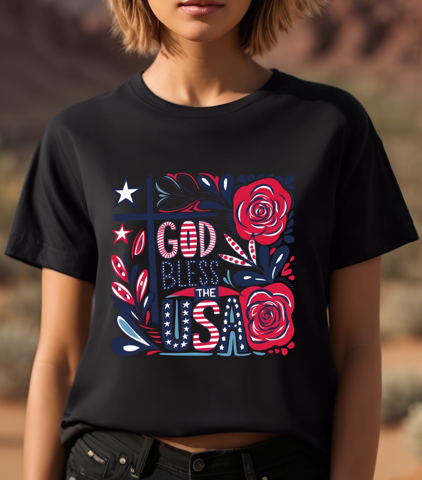 God Bless America Patriotic Shirt, 4th Of July Shirt, Independence Day Shirt,  Flower 4th of july shirt